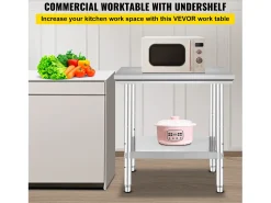 Mesa de Trabajo en Acero Inoxidable 60x76x80 cm, 2 Pisos, para Preparación de Cocina de Alimentos y Comidas, Hoteles, Oficinas, Hospitales