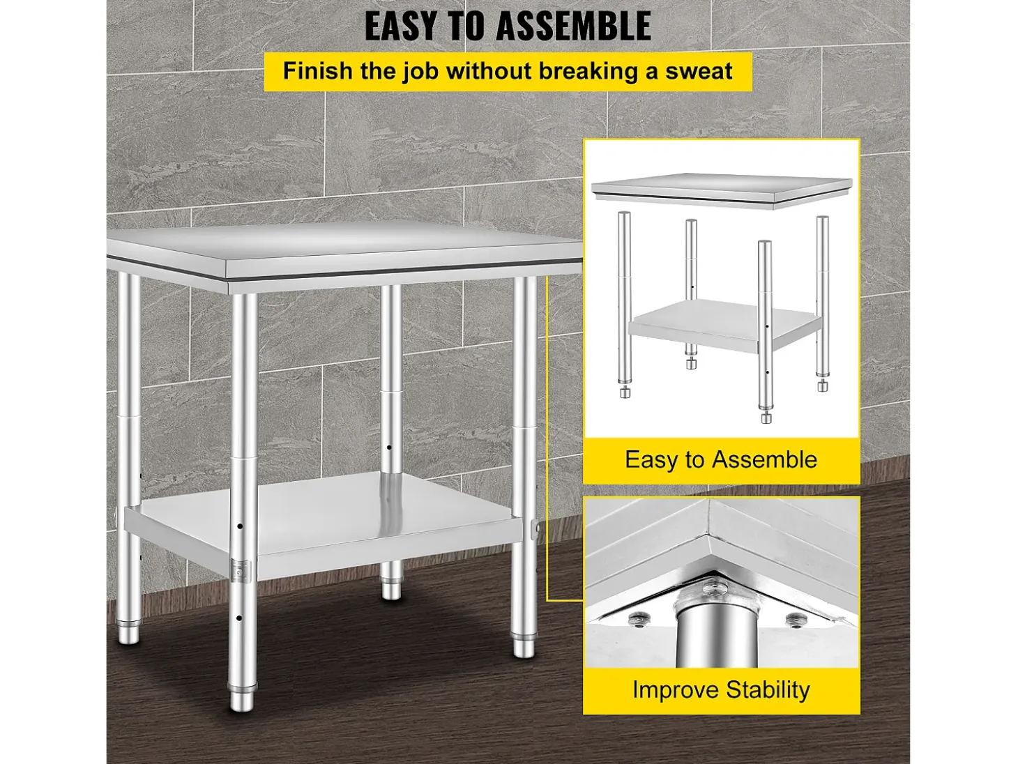 Mesa de Trabajo en Acero Inoxidable 60x76x80 cm, 2 Pisos, para Preparación de Cocina de Alimentos y Comidas, Hoteles, Oficinas, Hospitales