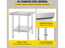 Mesa de Trabajo en Acero Inoxidable 60x76x80 cm, 2 Pisos, para Preparación de Cocina de Alimentos y Comidas, Hoteles, Oficinas, Hospitales