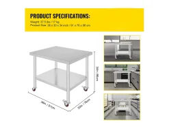 Mesa de Trabajo SucceBuy Mesa de Trabajo de Acero Inoxidable, Mesa de Preparación Comercial de 36 x 30 Pulgadas con 4 Ruedas