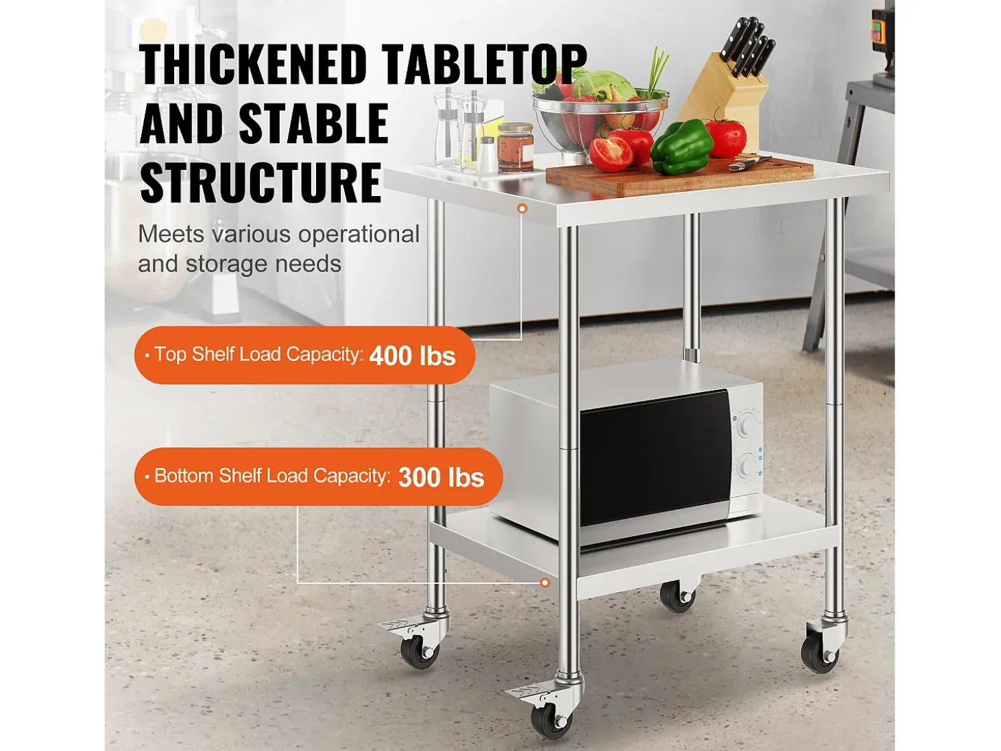 Mesa de Trabajo SucceBuy Mesa de Trabajo de Acero Inoxidable de 60.96 x 76.2 cm con 4 Ruedas