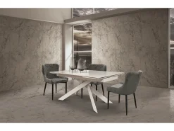 Mesa de vitrocerámica efecto mármol, metal blanco, extensible 160x90 - BEVERLY HILLS