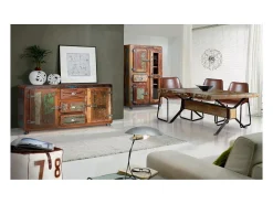 Mesa exclusiva madera reciclada y base de metal multicolor