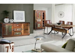 Mesa exclusiva madera reciclada y base de metal multicolor