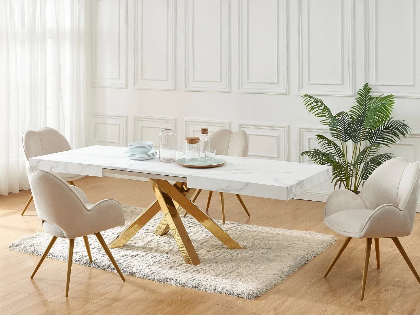 Mesa extensible 6 a 10 cubiertos de MDF y metal - Efecto mármol blanco y dorado - CATONAV