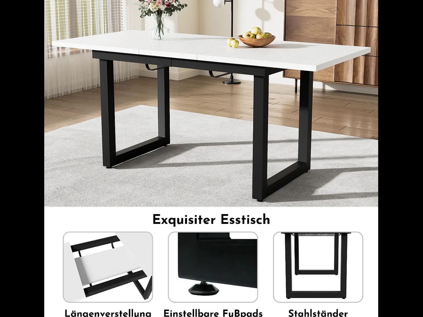 Mesa extensible 140/180 x 80 cm - Patas de metal - Blanco y negro