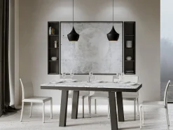 Mesa extensible Bidy de 6 a 14 plazas L 180 a 284 cm con efecto mármol blanco y estructura de metal antracita