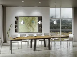 Mesa extensible Bidy de 6 a 16 plazas L 120 a 380 cm madera clara y estructura de metal antracita