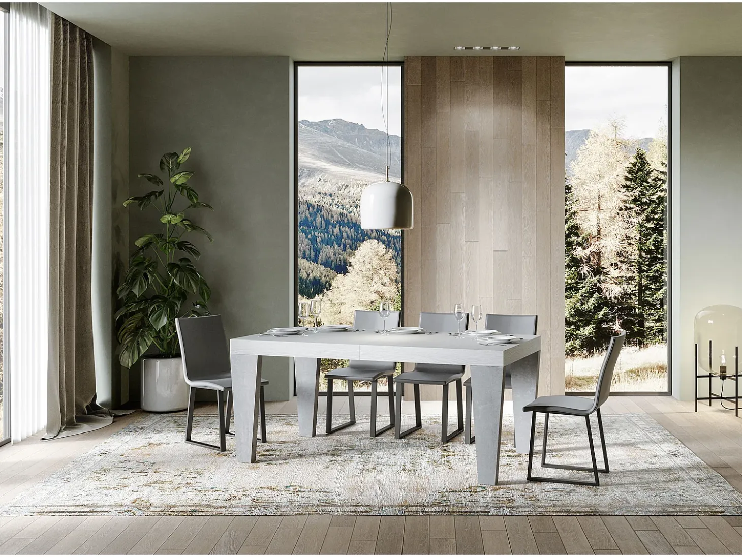 Mesa extensible blanca y patas gris hormigón de 6 a 20 plazas Kristo de 160 a 420 cm-Soporte 2 pies