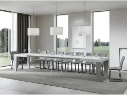 Mesa extensible blanca y patas gris hormigón de 6 a 20 plazas Kristo de 160 a 420 cm-Soporte 2 pies