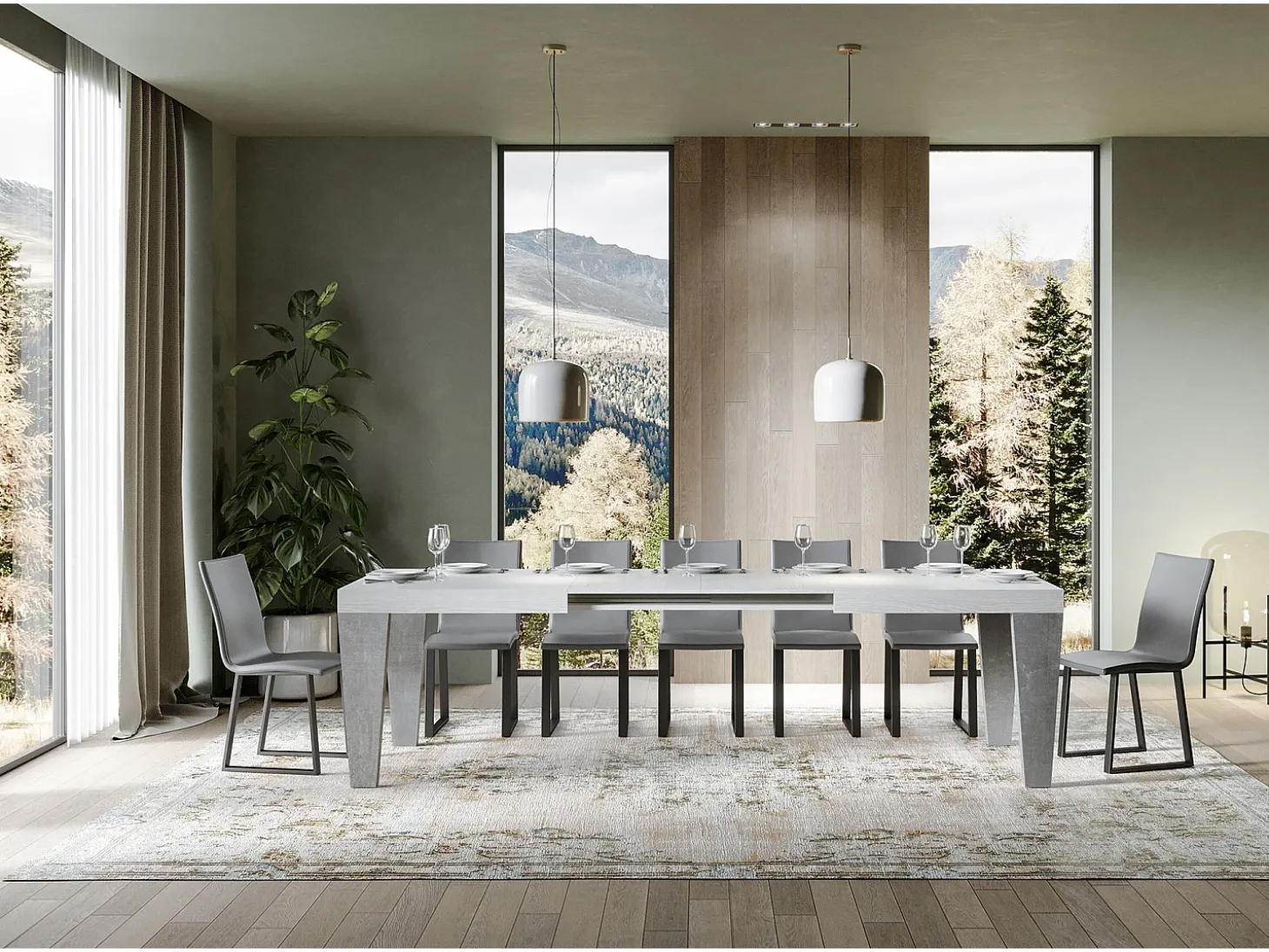 Mesa extensible blanca y patas gris hormigón de 6 a 20 plazas Kristo de 160 a 420 cm-Soporte 2 pies
