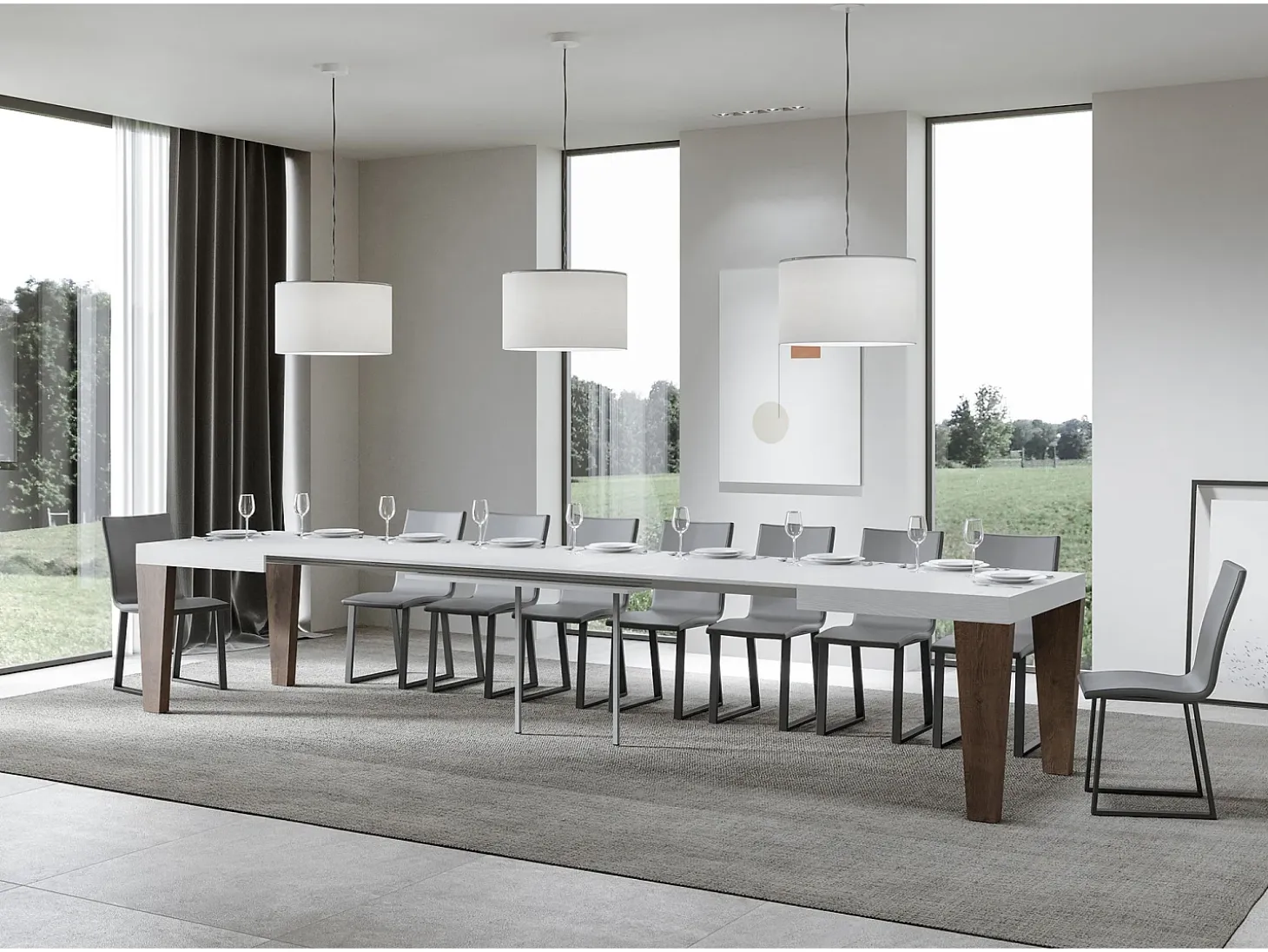 Mesa extensible blanca y patas de madera de nogal de 6 a 20 plazas Kristo de 160 a 420 cm-Soporte 2 pies
