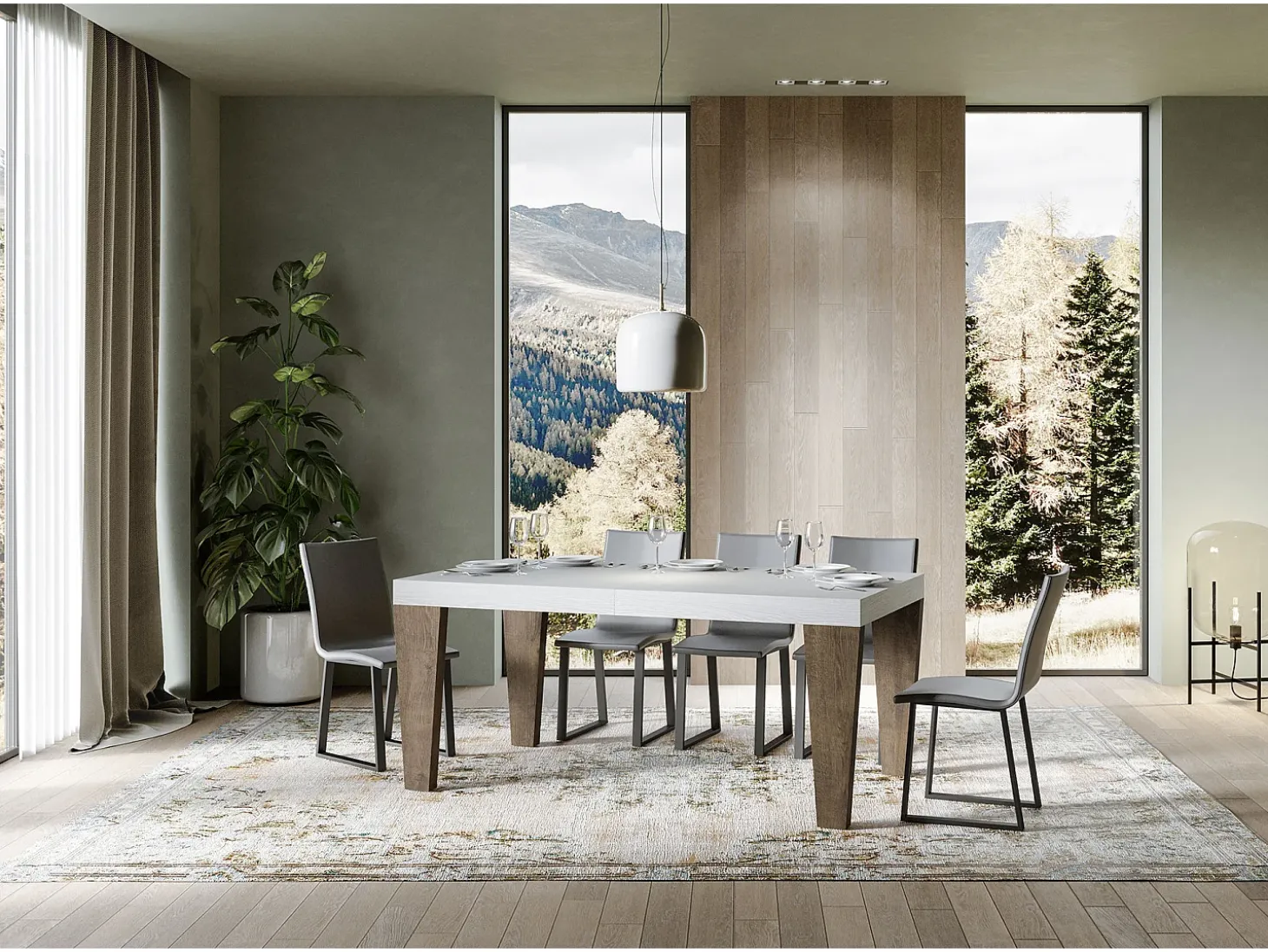 Mesa extensible blanca y patas de madera de nogal de 6 a 20 plazas Kristo de 160 a 420 cm-Soporte 2 pies