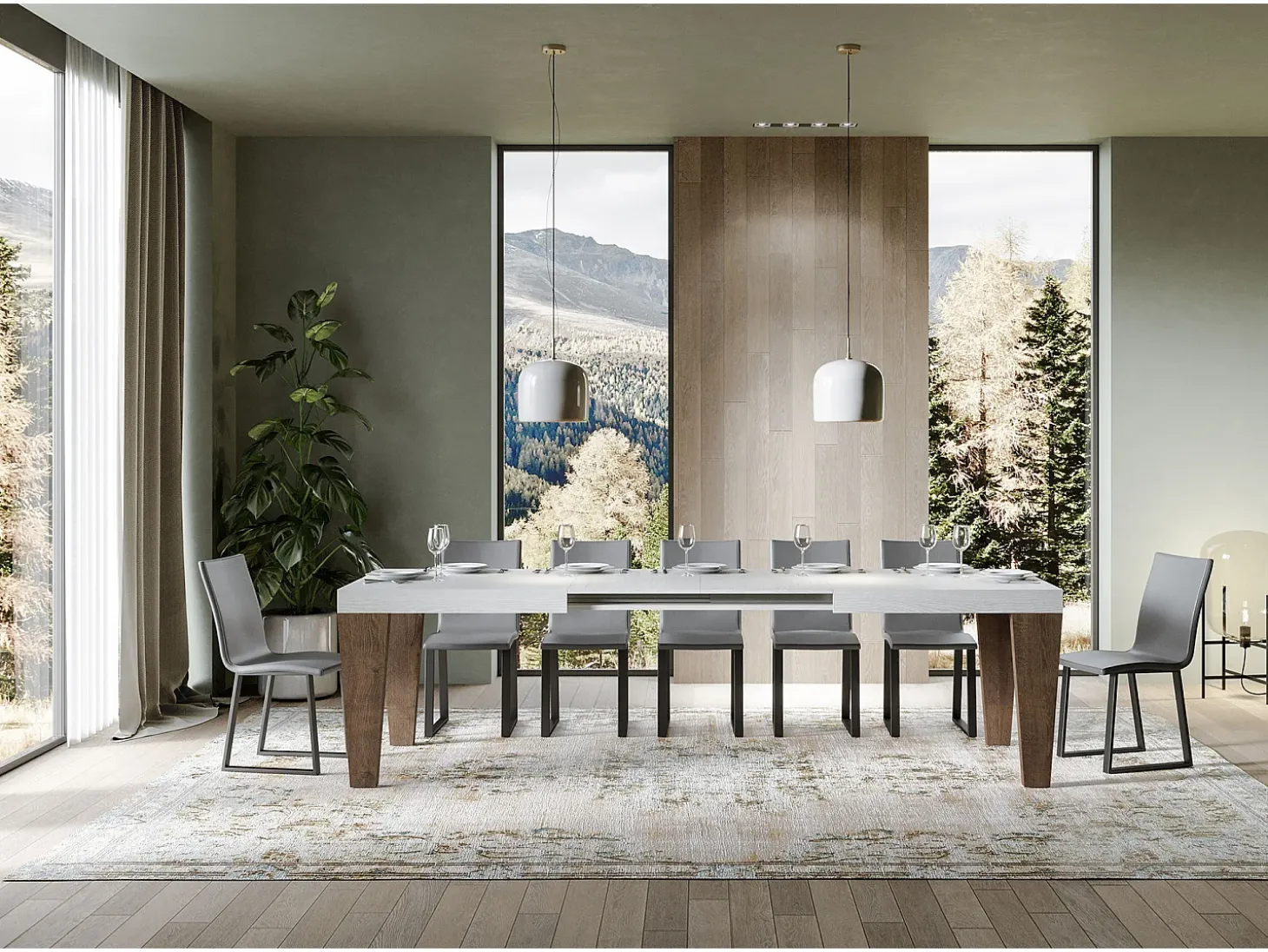 Mesa extensible blanca y patas de madera de nogal de 6 a 20 plazas Kristo de 160 a 420 cm-Soporte 2 pies