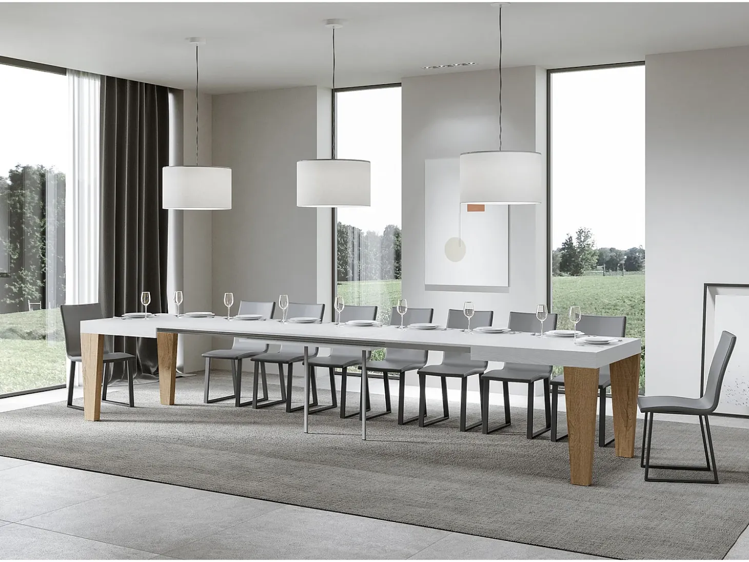 Mesa extensible blanca y patas roble natural 6 a 20 plazas Kristo 160 a 420 cm-Soporte 2 pies