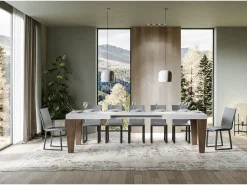 Mesa extensible blanca y patas de madera de nogal de 6 a 20 plazas Kristo de 180 a 440 cm-Base y soporte con ruedas