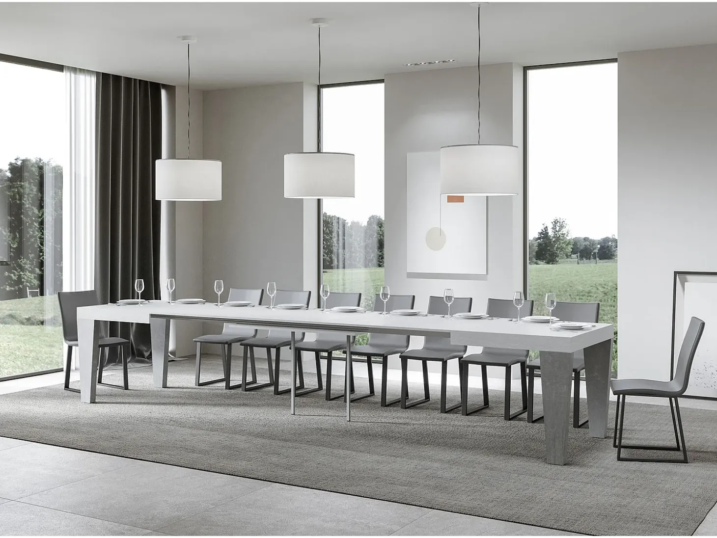Mesa extensible blanca y patas de madera gris hormigón de 6 a 20 plazas Kristo de 180 a 440 cm-Soporte 2 pies