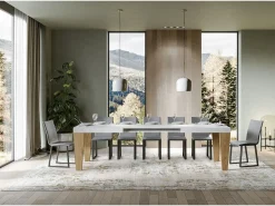 Mesa extensible blanca y patas roble natural 6 a 20 plazas Kristo 180 a 440 cm-Soporte 2 pies
