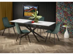 Mesa extensible cerámica mármol blanco/gris patas negras 160/200×90 cm