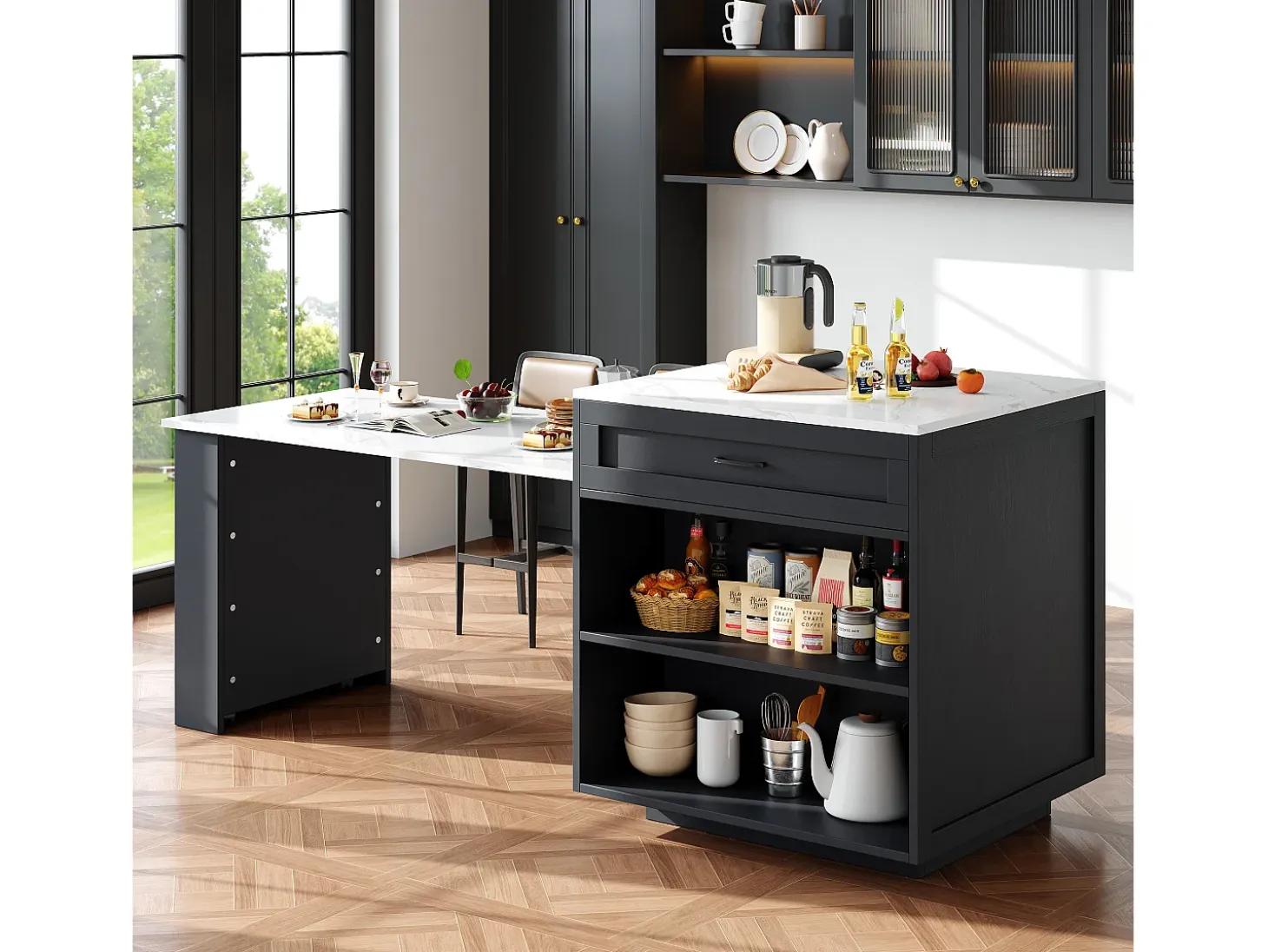 Mesa extensible con almacenaje, MDF y metal, diseño moderno, color negro (133-202x70x93,5 cm)