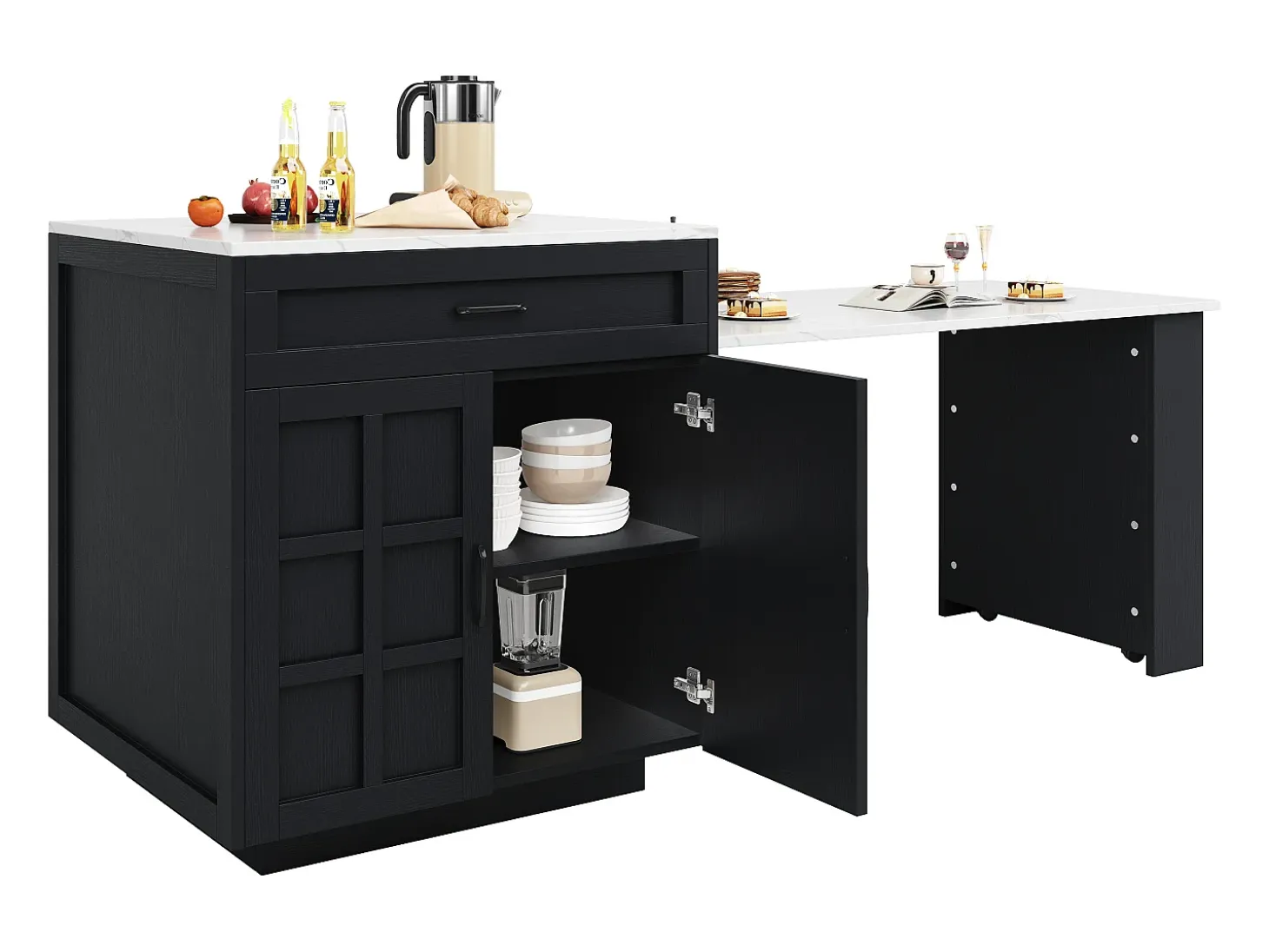 Mesa extensible con almacenaje, MDF y metal, diseño moderno, color negro (133-202x70x93,5 cm)
