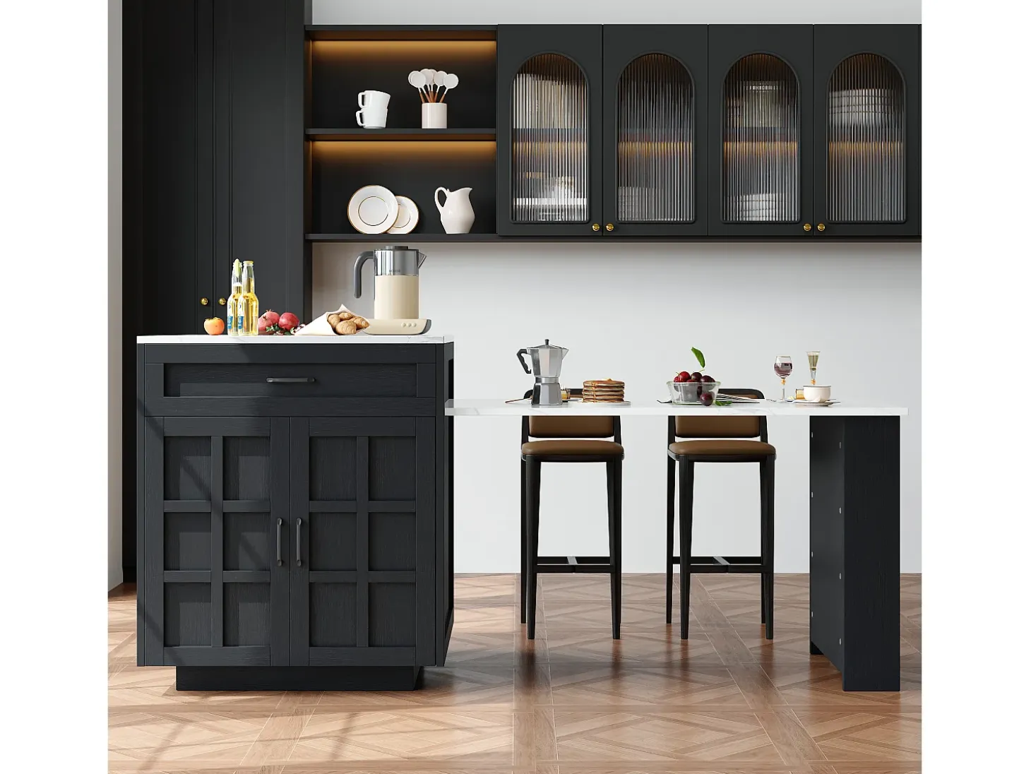 Mesa extensible con almacenaje, MDF y metal, diseño moderno, color negro (133-202x70x93,5 cm)