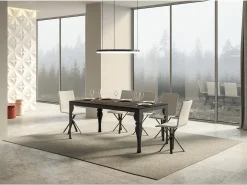 Mesa extensible con patas de acero antracita, estilo oriental Torza evolución-Color Marrón-Soporte 4 pies-Ancho extensible