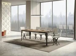 Mesa extensible con patas de acero antracita, estilo oriental Torza evolución-Color Natural-Soporte 4 pies-Ancho extensible