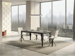 Mesa extensible con patas de acero antracita, estilo oriental Torza evolución-Color Gris cemento-Soporte 4 pies-Ancho extensible