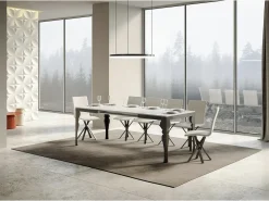 Mesa extensible con patas de acero antracita, estilo oriental Torza evolución-Color Blanco-Soporte 4 pies-Ancho extensible