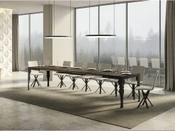Mesa extensible con patas de acero antracita, estilo oriental Torza evolución-Color Marrón-Soporte 4 pies-Ancho extensible