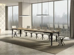 Mesa extensible con patas de acero antracita, estilo oriental Torza evolución-Color Natural-Soporte 4 pies-Ancho extensible