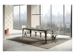 Mesa extensible con patas de acero antracita, estilo oriental Torza evolución-Color Gris cemento-Soporte 2 pies-Ancho extensible