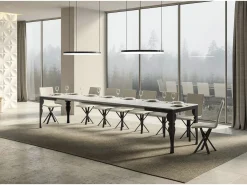 Mesa extensible con patas de acero antracita, estilo oriental Torza evolución-Color Gris cemento-Soporte 2 pies-Ancho extensible