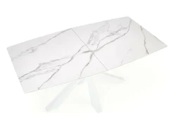 Mesa extensible contemporánea con tablero de aspecto mármol y pata central de diseño metálico blanco HORN