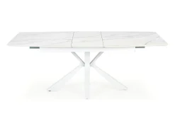 Mesa extensible contemporánea con tablero de aspecto mármol y pata central de diseño metálico blanco HORN