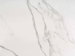 Mesa extensible contemporánea con tablero de aspecto mármol y pata central de diseño metálico blanco HORN