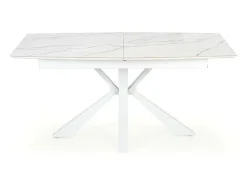 Mesa extensible contemporánea con tablero de aspecto mármol y pata central de diseño metálico blanco HORN