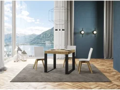 Mesa extensible cuadrada pequeña 90x90/246 cm Tiroz-Color Natural-Base y soporte con ruedas-3 alargaderas finas