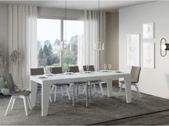 Mesa extensible cuadrada pequeña 90x90/246 cm Naxo-Color Gris cemento-Soporte 4 pies-3 alargaderas finas