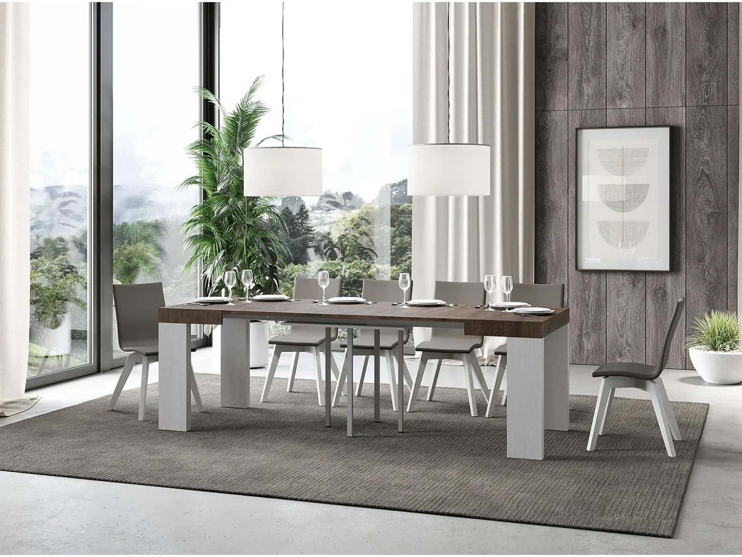 Mesa extensible cuadrada pequeña en madera de nogal y blanco de 90 a 246 cm Ribo