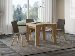 Mesa extensible cuadrada pequeña 90x90/246 cm Naxo-Color Natural-Base y soporte con ruedas-3 alargaderas finas