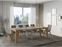 Mesa extensible cuadrada pequeña 90x90/246 cm Naxo-Color Natural-Base y soporte con ruedas-3 alargaderas finas