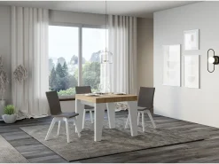 Mesa extensible cuadrada pequeña en madera blanca y roble natural de 90 a 246 cm Nako-Base y soporte con ruedas