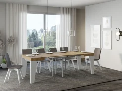 Mesa extensible cuadrada pequeña en madera blanca y roble natural de 90 a 246 cm Nako-Base y soporte con ruedas