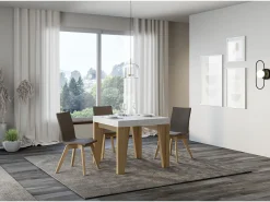 Mesa extensible cuadrada pequeña en madera blanca y roble natural de 90 a 246 cm Naxo-Soporte 2 pies