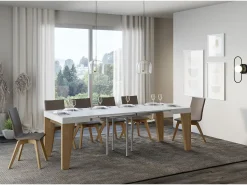 Mesa extensible cuadrada pequeña en madera blanca y roble natural de 90 a 246 cm Naxo-Soporte 2 pies