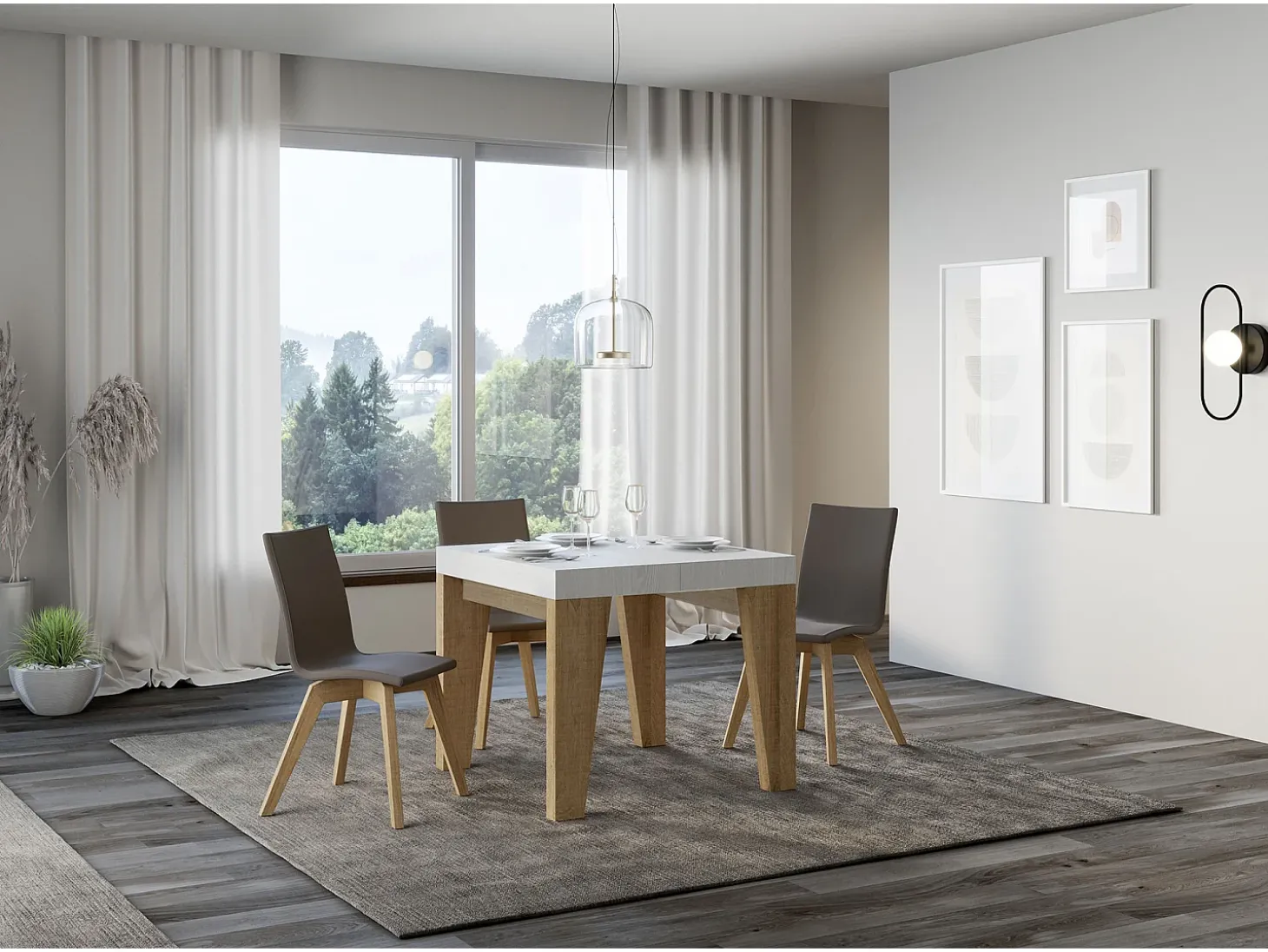 Mesa extensible cuadrada pequeña en madera blanca y roble natural de 90 a 246 cm Naxo-Soporte 2 pies