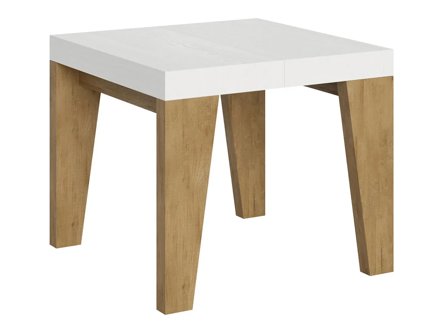 Mesa extensible cuadrada pequeña en madera blanca y roble natural de 90 a 246 cm Naxo-Soporte 2 pies