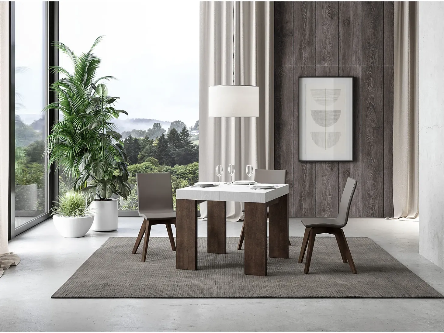 Mesa extensible cuadrada pequeña en madera blanca y nogal de 90 a 246 cm Ribo